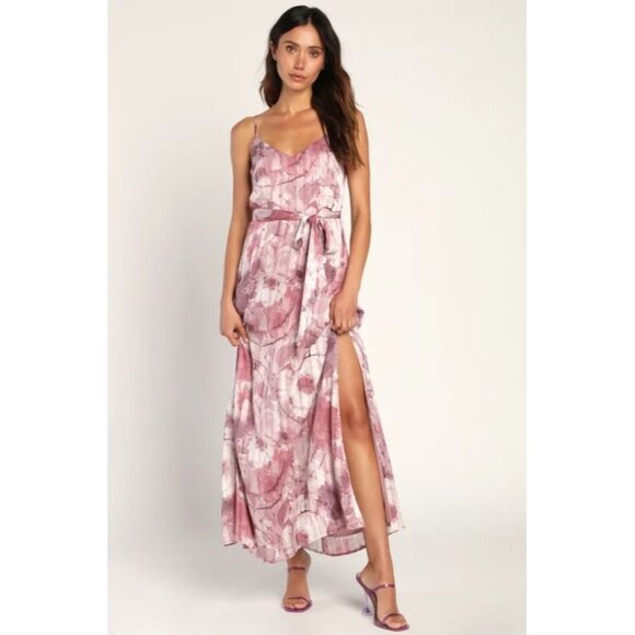 Lulus Sparkling Summer Purple Floral Lurex Maxi Dress Womens Sze L Boho Slit NWT - Picture 1 of 16